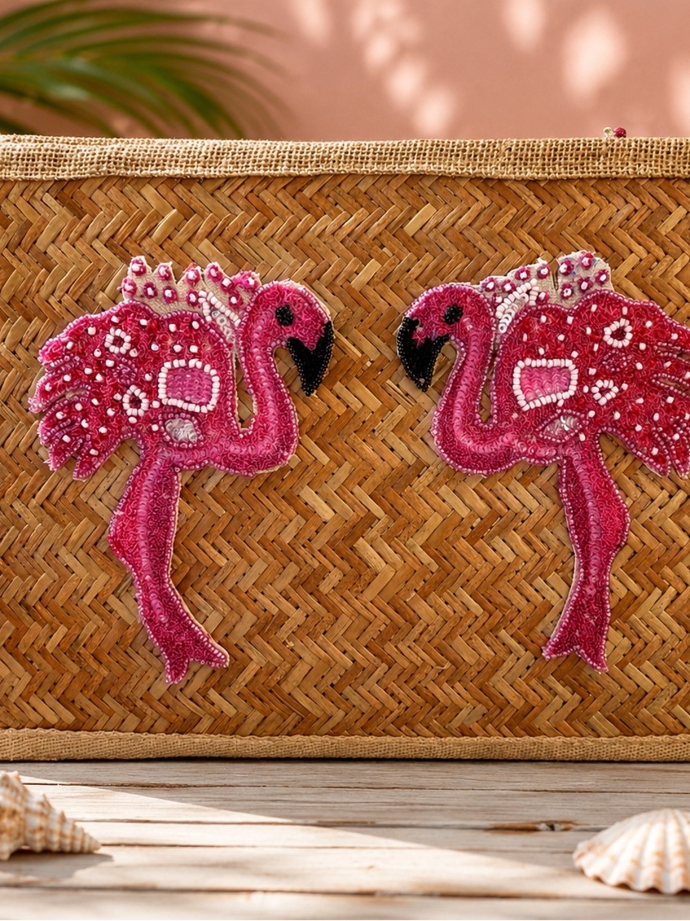 NEW Ranee’s Miami Flamingo Beaded Straw Clutch Purse Natural Summer Handbag